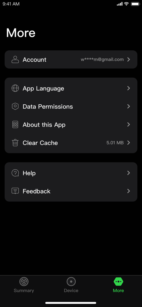 Letsfit - Letsfit app more settings screen showing account details app language and help options