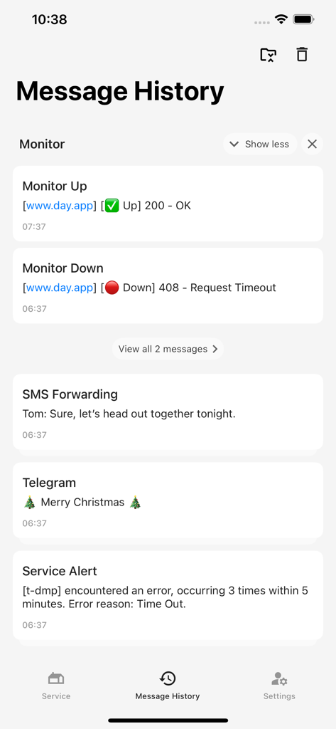 Bark - Custom Notifications - Message history screen in the Bark app showing a log of server monitor and service alerts
