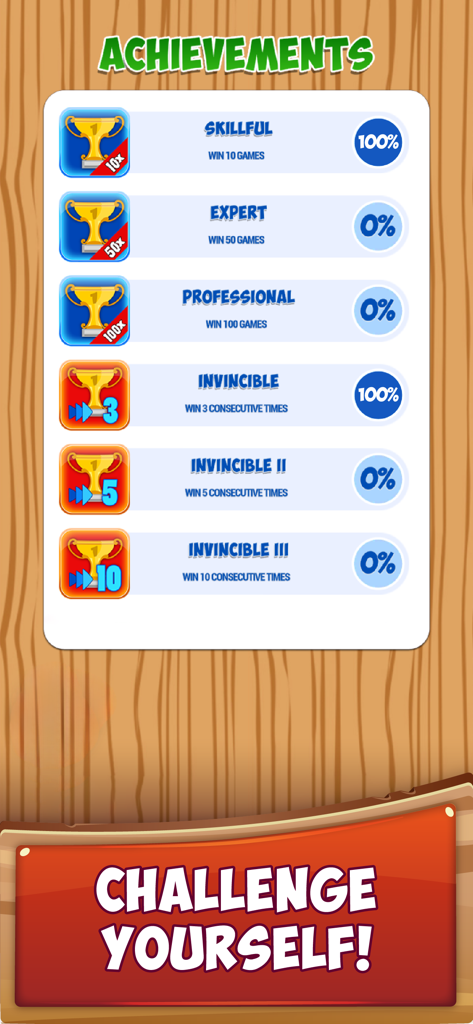 Achievements screen in the Briscola Online app showing trophy badges and progress for winning games