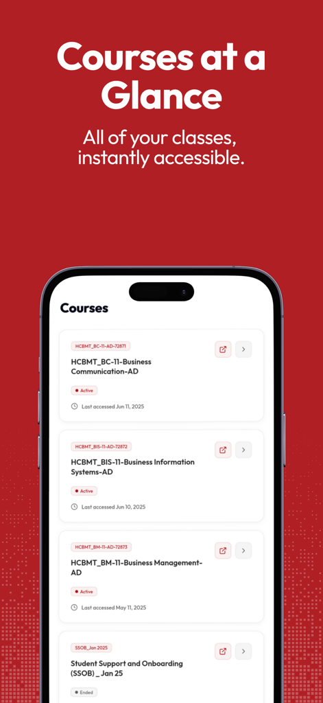 A smartphone showing the myRegent app screen titled Courses at a Glance with a list of active business courses and enrollment dates.