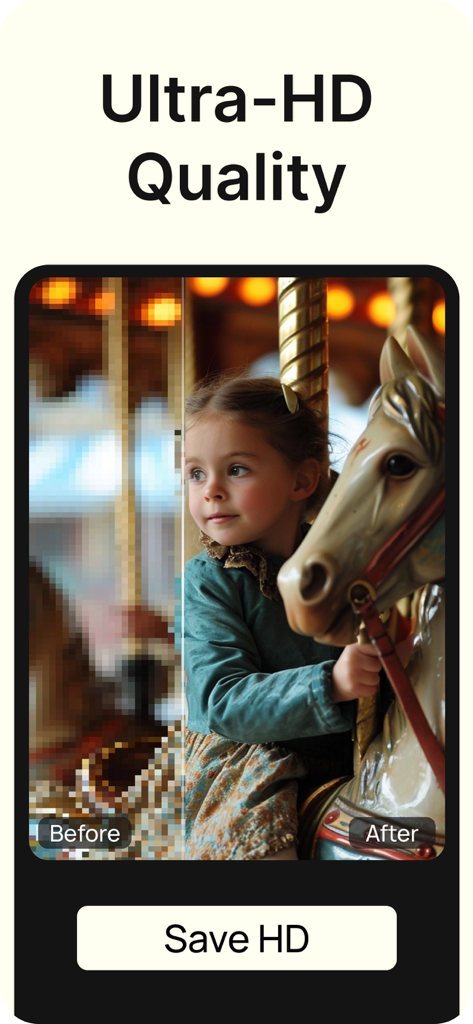 Renew - Restore Old Photos AI - A before and after comparison of a pixelated photo being restored to sharp Ultra HD quality using Renew AI