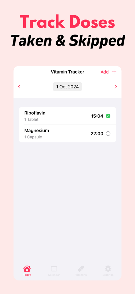 Vitamin Tracker Reminder VitUp - Oberfläche der Vitamin Tracker Reminder VitUp App, die ein tägliches Protokoll mit eingenommenen und übersprungenen Vitamin-Dosen wie Riboflavin und Magnesium zeigt