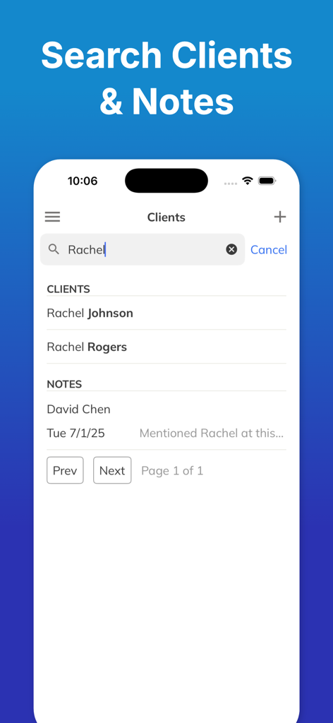 Mobile app interface showing search results for clients and notes