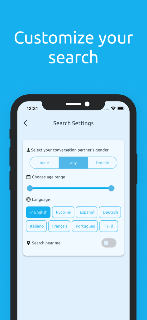 Chatap 앱 검색 설정 화면, 성별, 연령대, 다국어 필터 표시.