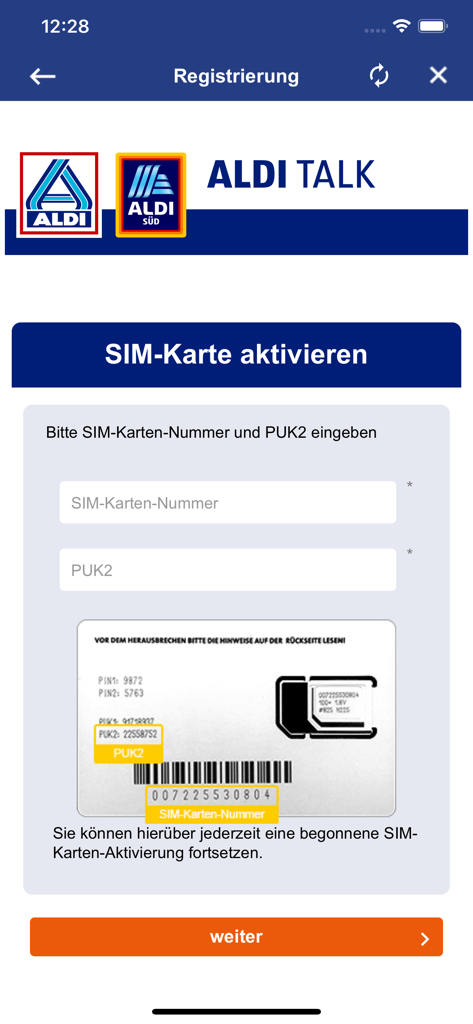 ALDI TALK Registrierung - ALDI TALKアプリのSIMカードアクティベーション登録画面（SIM番号とPUK2の入力フィールド付き）