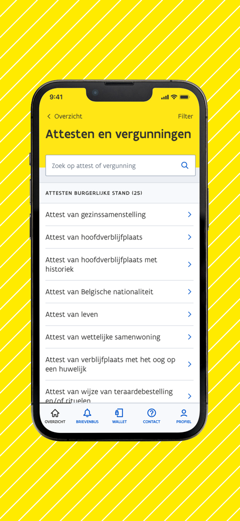 Interface of the Burgerprofiel app displaying various official certificates and permits for Flemish citizens.