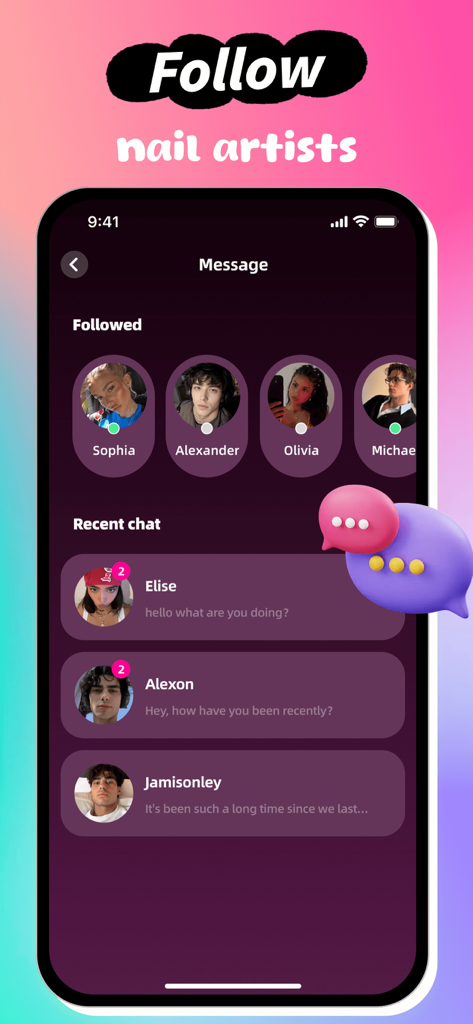 Interface of the Tiala app showing a message screen with followed nail artists and recent chat history
