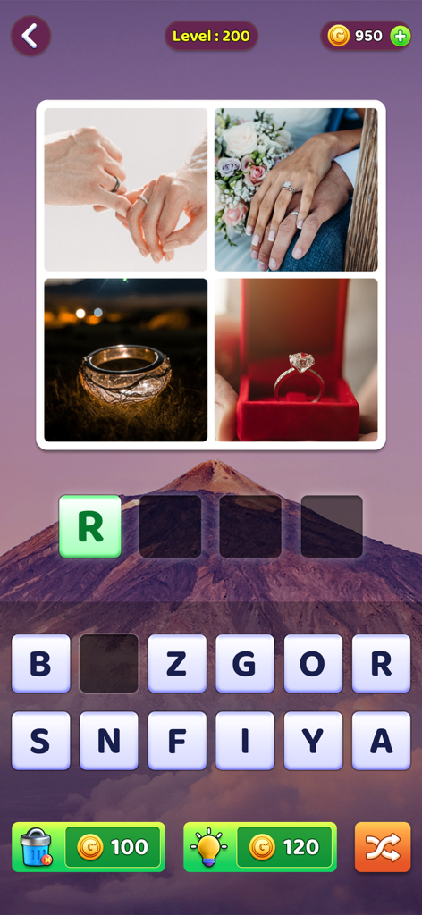 4 Pics 1 Word: Word Guess Game - Gameplay screenshot of 4 Pics 1 Word showing four images of rings and a word puzzle
