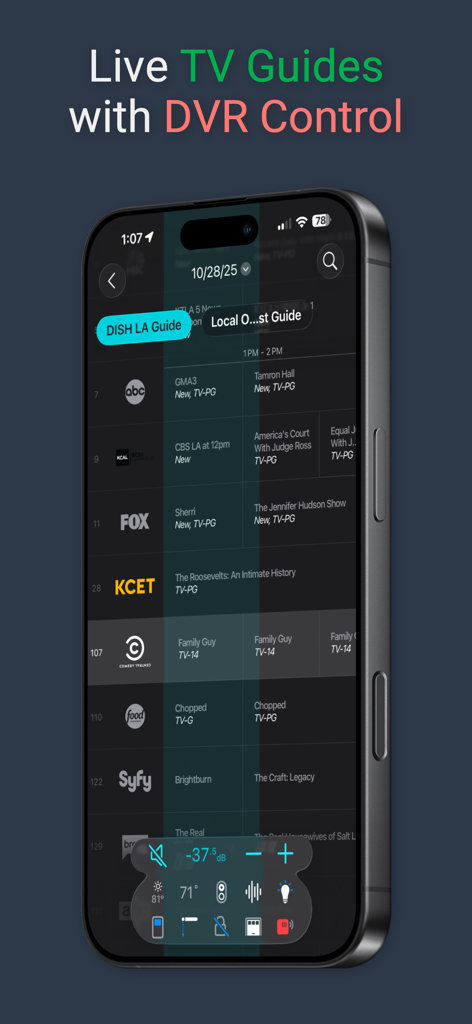 Roomie Remote X app displaying a live TV guide with channel logos and integrated smart home controls on an iPhone.