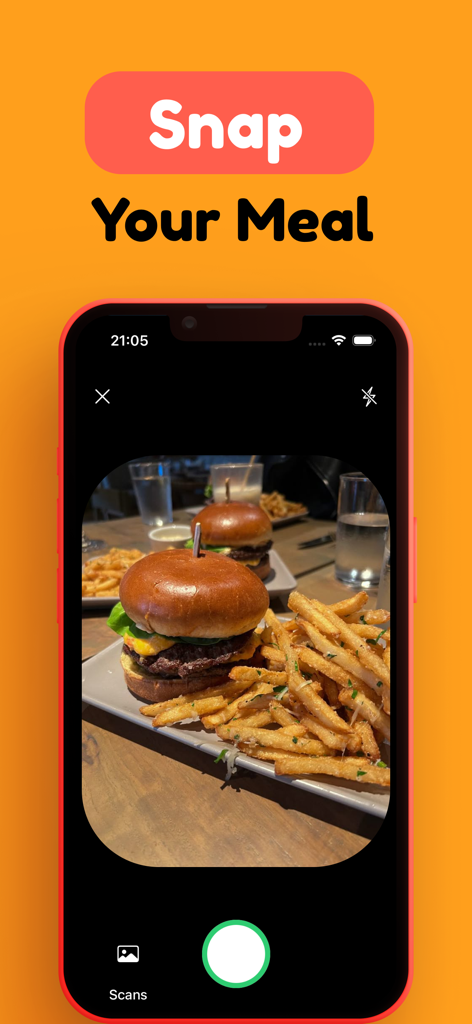 Smart Food Scanner – MenuSnap - スマートフードスキャナーMenuSnapインターフェース、ハンバーガーとフライドポテトの写真をとらえるモバイルカメラが表示されています