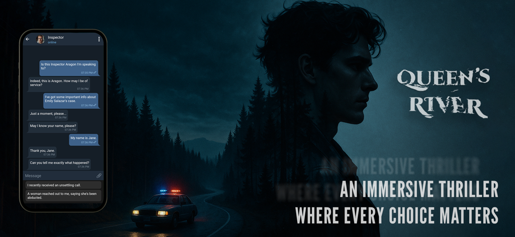 Queen’s River: Mystery Game - Uma tela de celular mostrando uma interface de chat com um inspetor sobre um fundo atmosférico escuro com um carro de polícia e a silhueta de um homem.
