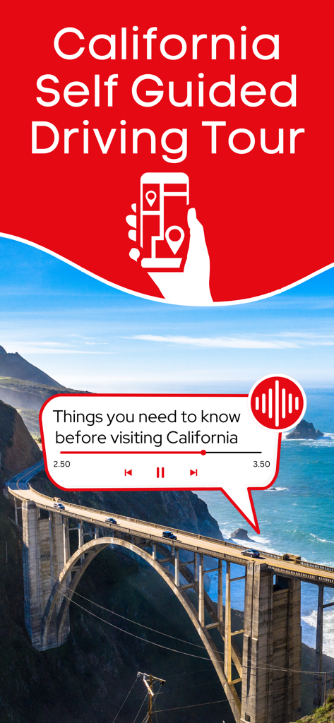California GPS Audio Tours - California self guided driving tour app with audio player overlay and Big Sur bridge background