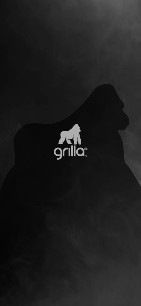 Écran de démarrage de l'application Grilla Grills montrant le logo blanc du gorille sur fond sombre avec des effets de fumée