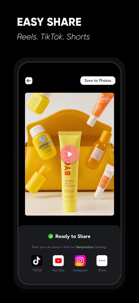 Interface do aplicativo Stop Motion Maker mostrando opções fáceis de compartilhamento para TikTok, YouTube e Instagram.