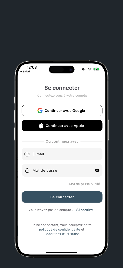 GPChat - Tela de login do GPChat com opções de login social para Google e Apple e campos de login por e-mail