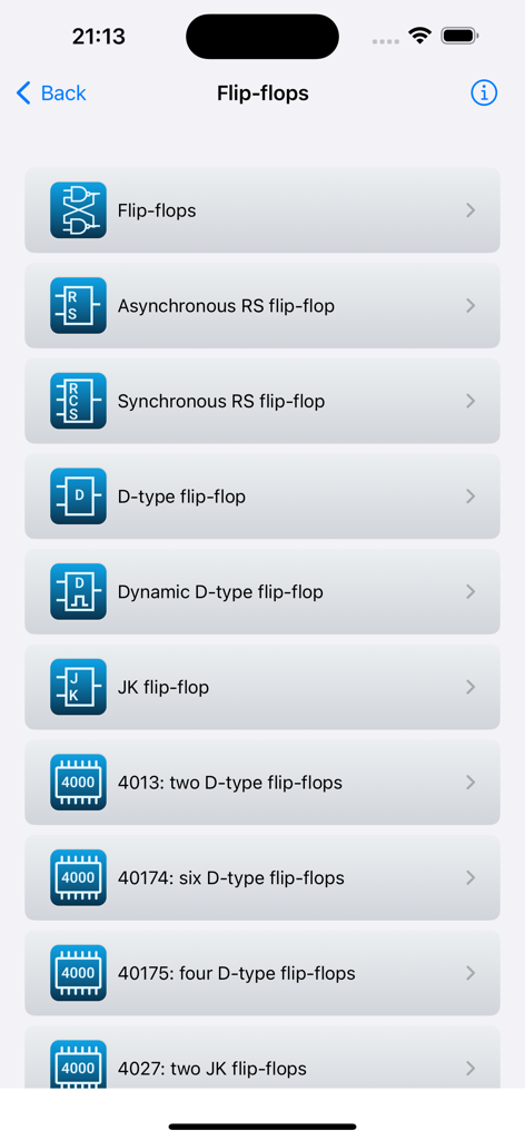 Digital Electronics Guide - デジタルエレクトロニクスガイドアプリにある様々なフリップフロップタイプとその対応する集積回路のリスト