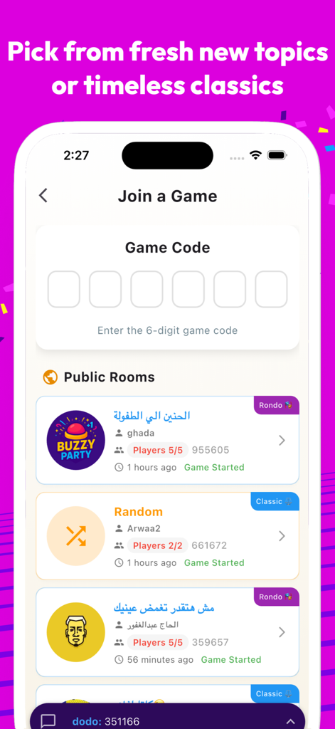 Pantalla de la aplicación Buzzy Party que muestra la interfaz para unirse a un juego con la entrada de un código de juego y una lista de salas públicas