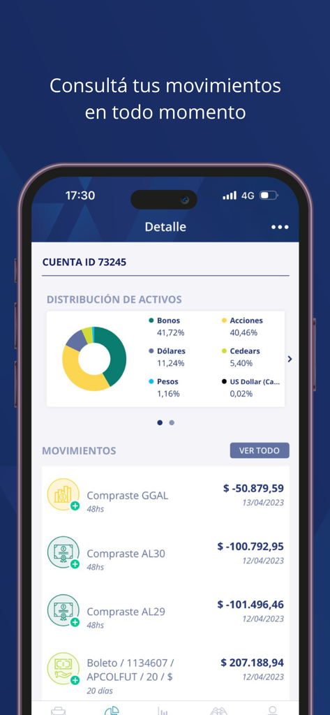 Balanz mobile app interface displaying an investment portfolio dashboard with asset allocation and transaction history.