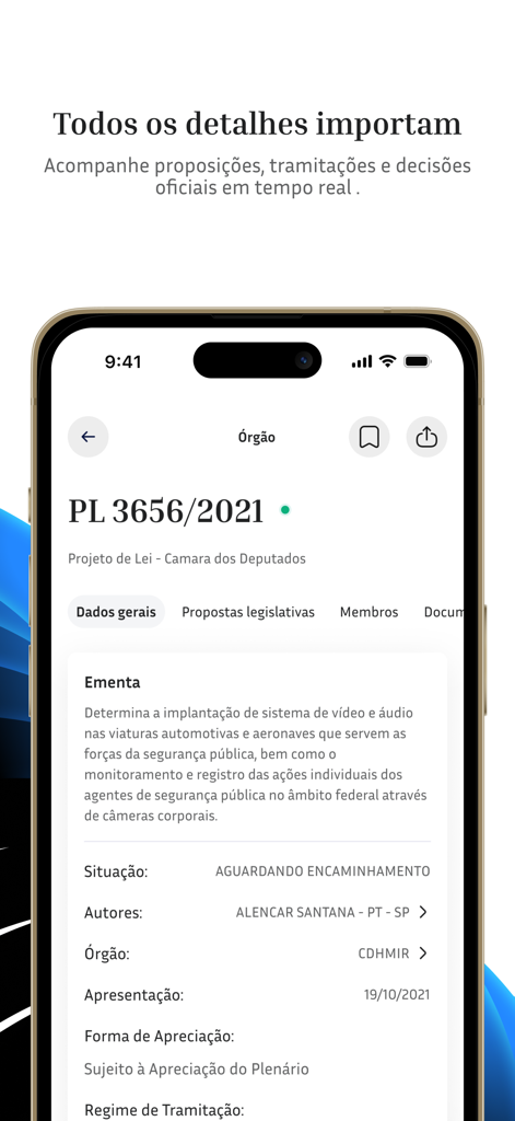 Nomos - Monitoramento Político - Nomos app screenshot showing detailed legislative bill tracking information and current status