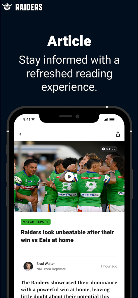 Canberra Raiders official app screen showing a match report article with video highlights