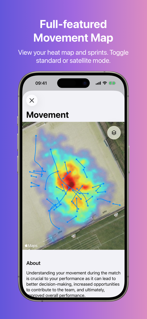 Outplay soccer tracker app displaying a movement heat map and sprint directions on a satellite view of a soccer field.
