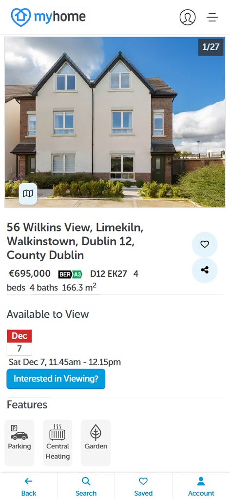 MyHome.ie mobile app screenshot showing a property listing for a four bedroom house in Dublin 12