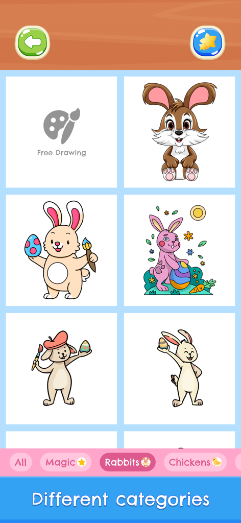 Menu screen showing various Easter bunny and egg coloring templates for kids.
