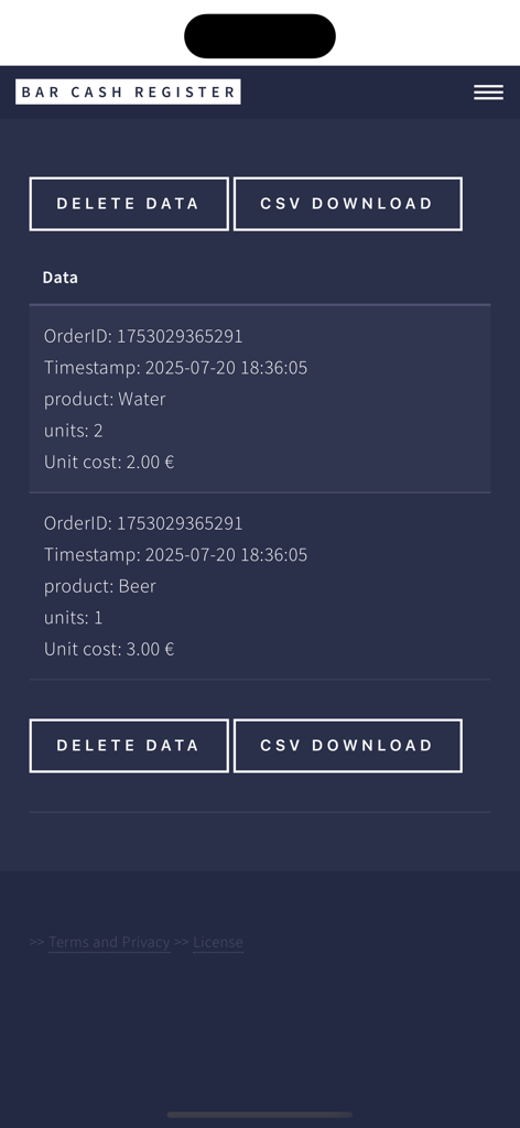 Bar Cash Register PRO - Sales data logs and CSV download options in the Bar Cash Register PRO app