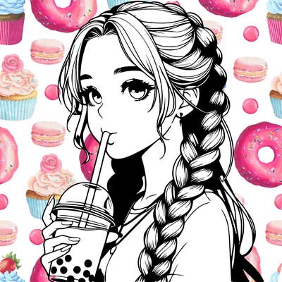 realistic girl with braided hair drinking boba