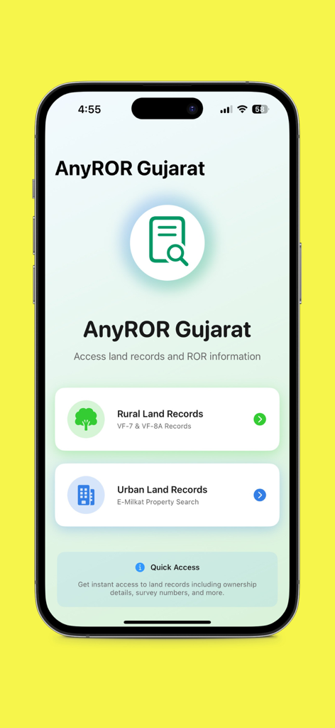 Gujarat Land Record - Home screen of the Gujarat Land Record app showing buttons for Rural and Urban land record searches