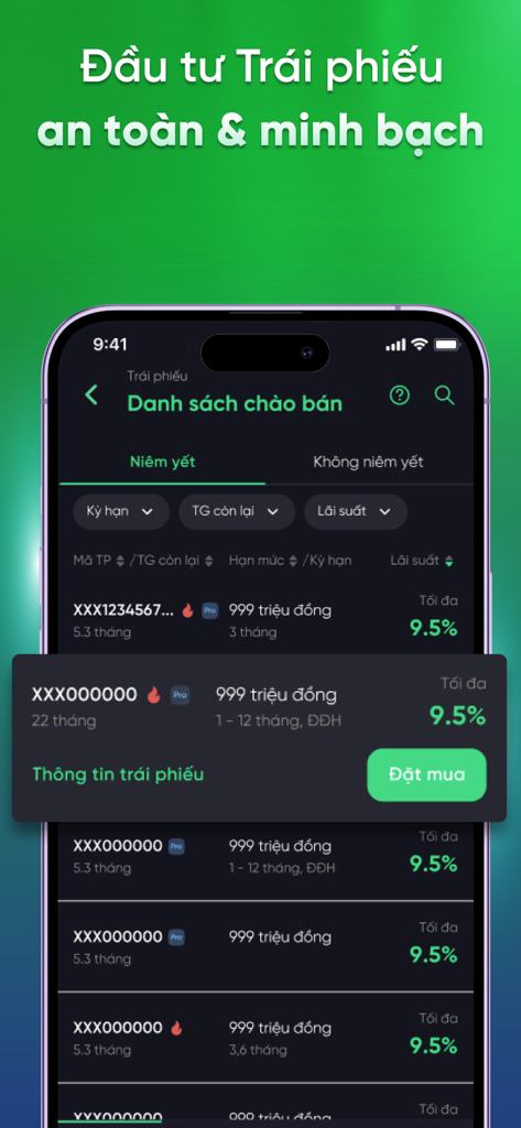 VPBank Securities – NEO Invest - Interfaz de lista de inversión en bonos en la aplicación VPBank NEO Invest mostrando tasas de interés y opciones de compra