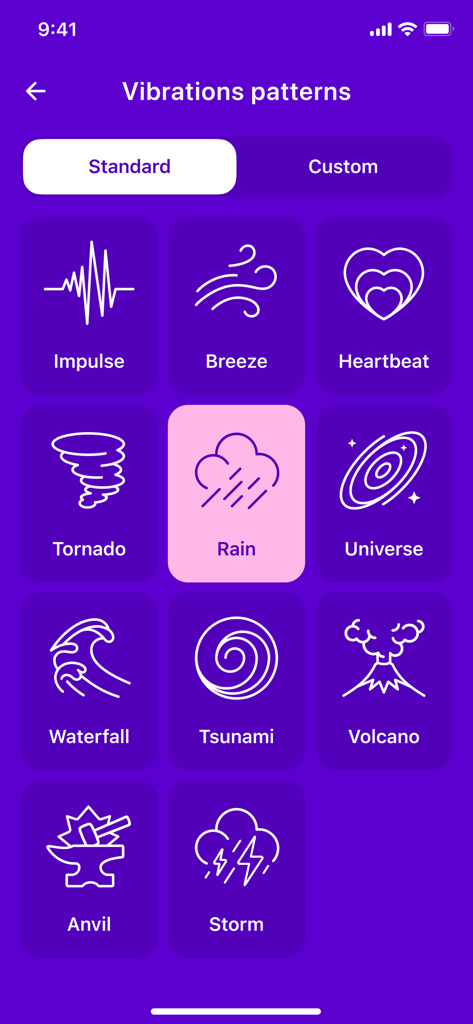 Sélection de motifs de vibration standard dans l'interface de l'application Masseur