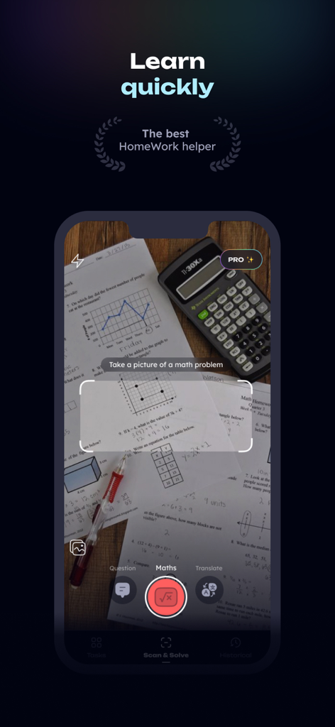 HelpMe AI app interface scanning a math homework sheet on a desk with a calculator