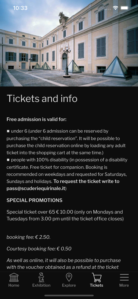 Scuderie del Quirinale - Tickets und Informationsseite der Scuderie del Quirinale App, die Details zu Museumseintritt und Preisen anzeigt.