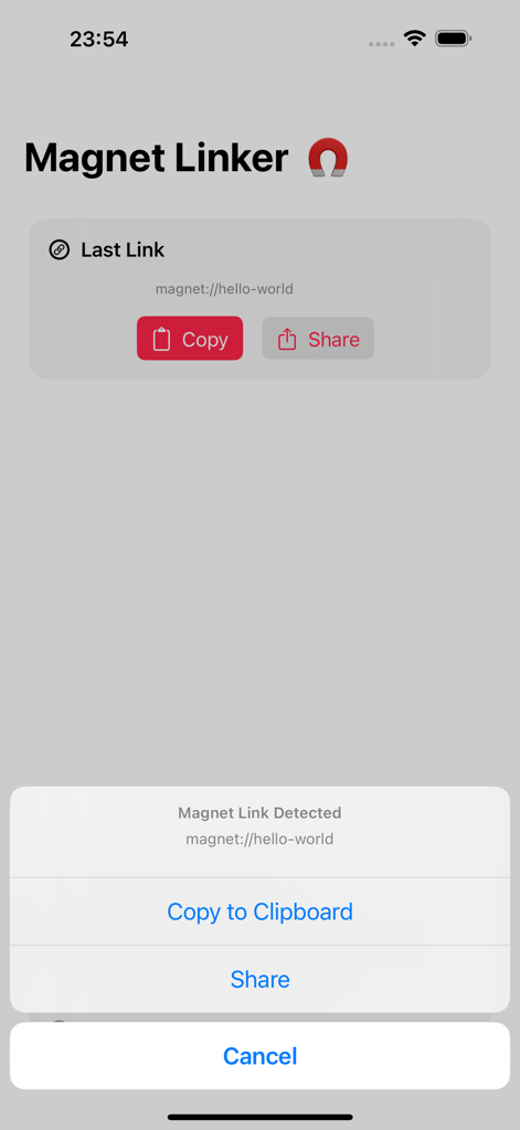 Magnet Linker - Magnet Linker app interface showing a detected magnet link with options to copy to clipboard or share