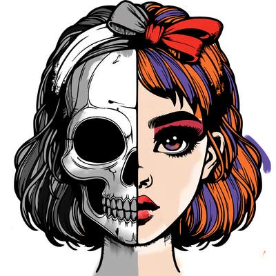 realistic girl with half skull mask