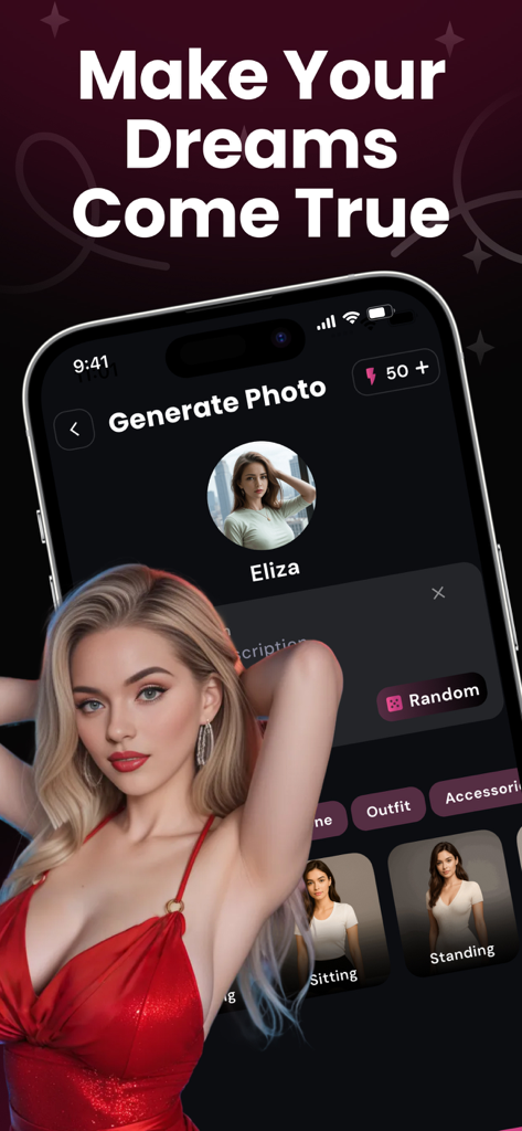 LaMi app interface for generating custom photos of an AI soulmate with options for outfit and scene.