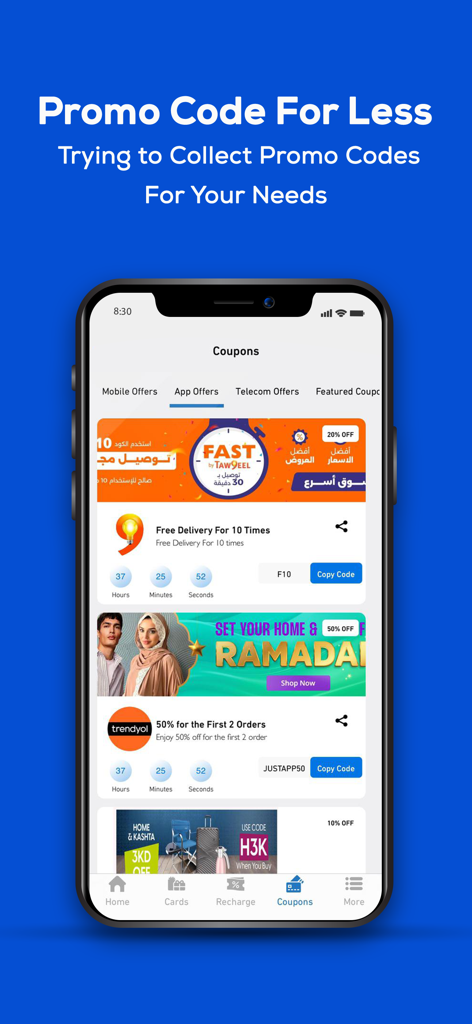 PayPod - Interface do aplicativo PayPod mostrando vários cupons de desconto e códigos promocionais