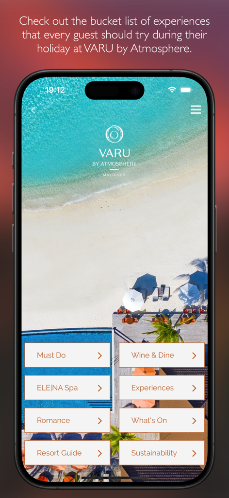 VARU by Atmosphere - VARU by Atmosphere mobile app interface showing categories for Must Do, Wine and Dine, Spa, and Resort Guide over a tropical beach background.
