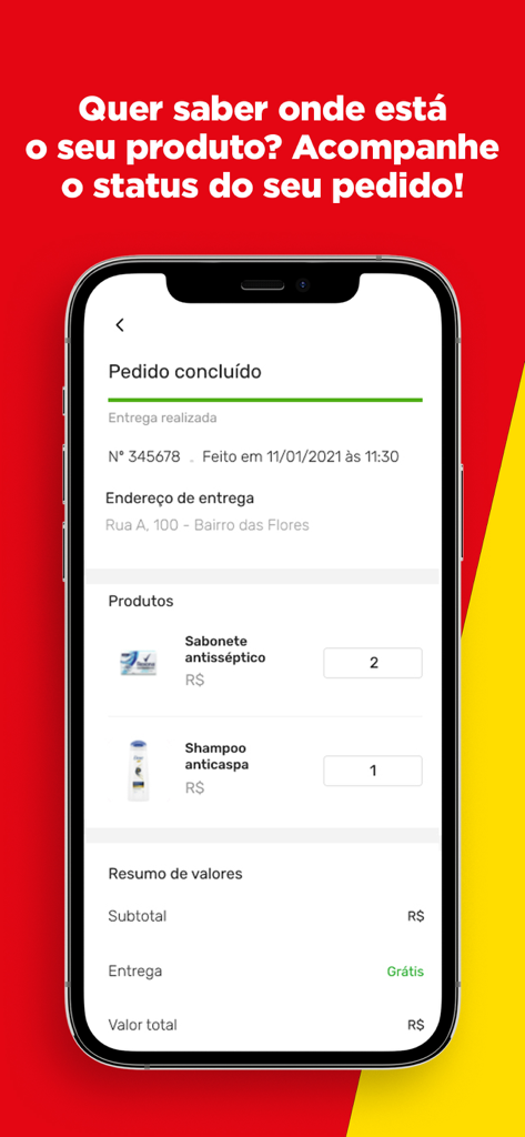Ultra Popular: Farmácia Online - Order status tracking screen showing purchased health and beauty products in the Ultra Popular app
