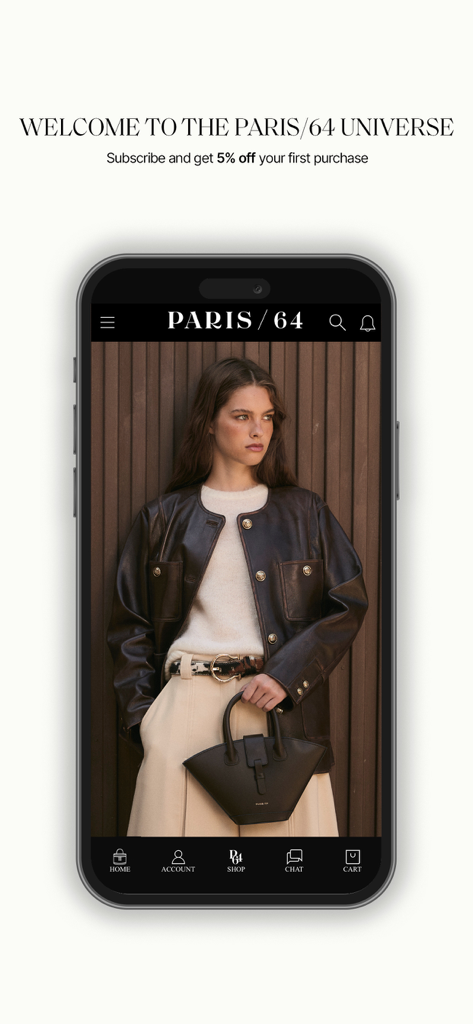 PARIS/64 - The home screen of the PARIS 64 app featuring a model with a leather handbag and a five percent discount offer for new subscribers.