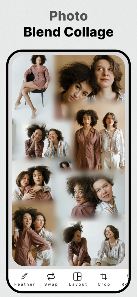 Interface of the Photo Blend Collage Maker app showing a creative blended photo collage with editing tools