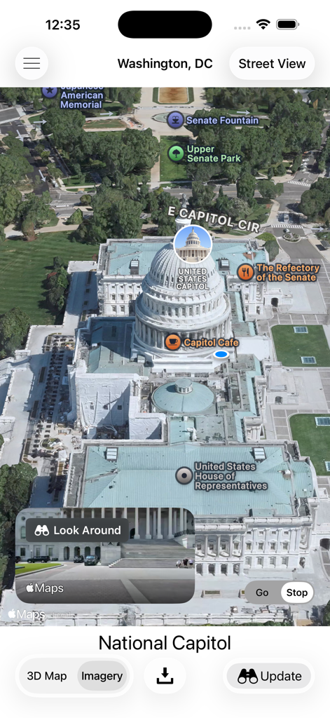 Una vista aérea 3D del Capitolio de los Estados Unidos en Washington DC dentro de la aplicación de navegación Here I Am Now