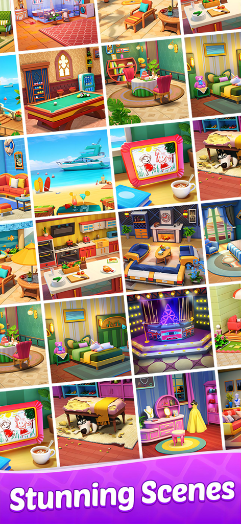 A collage showing various beautifully decorated interior and exterior scenes from the resort renovation game.