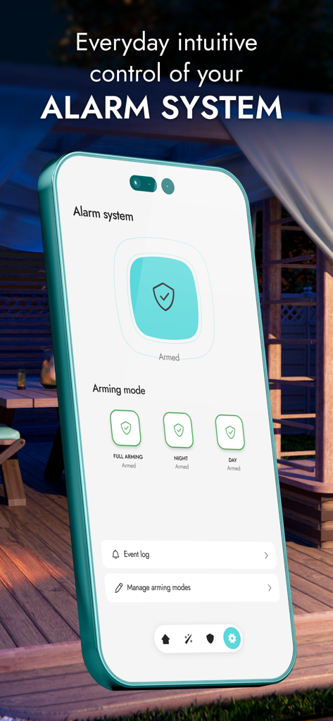 BE WAVE - BE WAVE smartphone app interface for managing home alarm arming modes