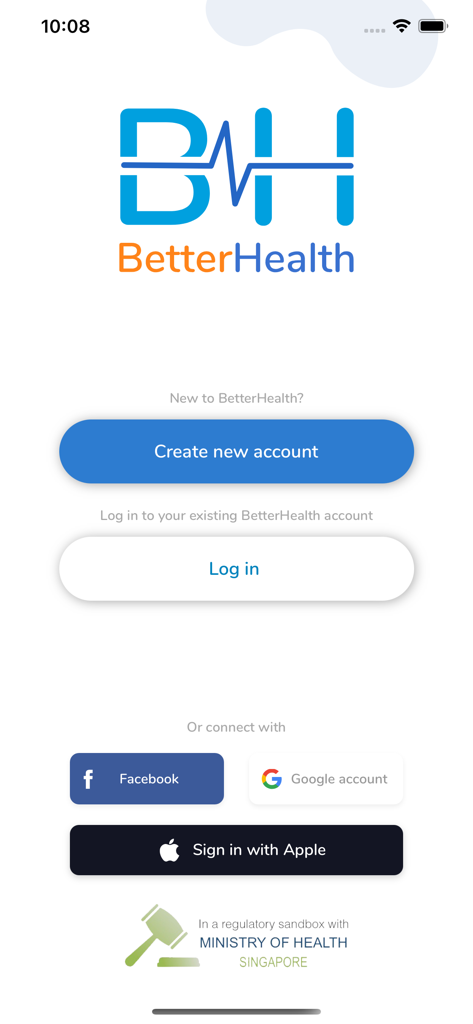 MHC BetterHealth welcome screen with login and account creation buttons