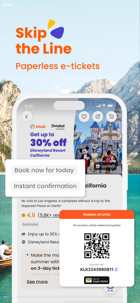 Klook app interface showing Disneyland ticket booking with skip the line instant confirmation and QR code voucher