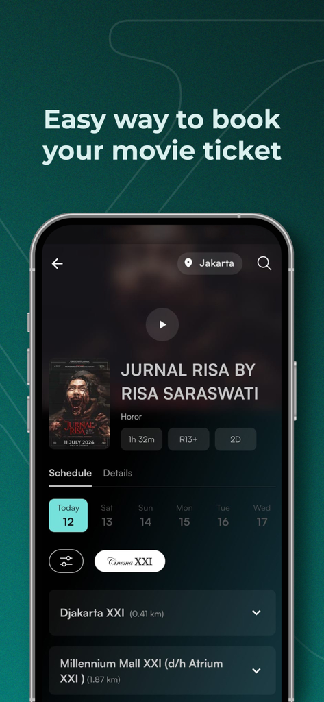 m.tix movie ticket booking interface showing movie details and theater schedules