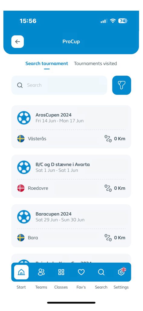 Tela de pesquisa de torneios do aplicativo Procup mostrando uma lista de competições esportivas com datas e locais