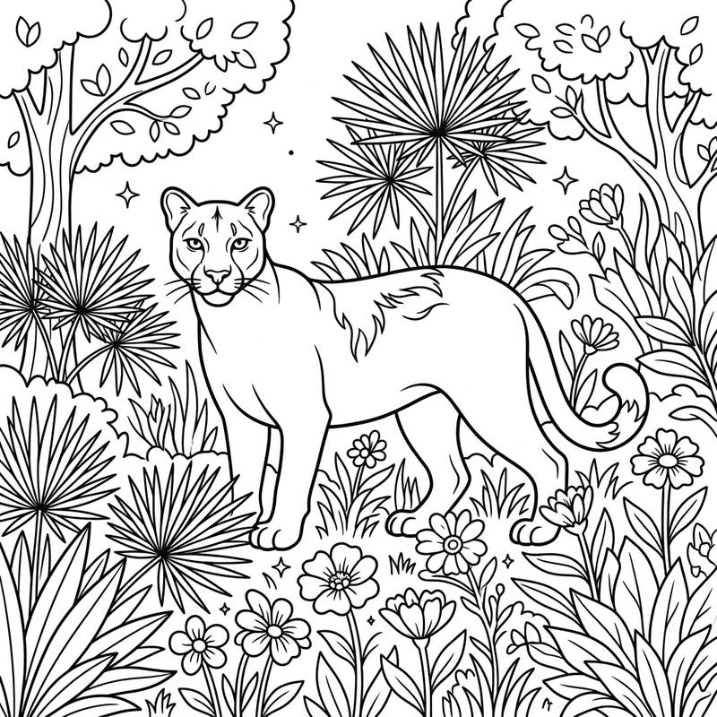 Embrace the beauty of Florida's wild heart with this stunning coloring page featuring a majestic Florida Panther. Dive into a detailed springtime scene brimming with blooming flowers and lush greenery, ready for your creative touch.